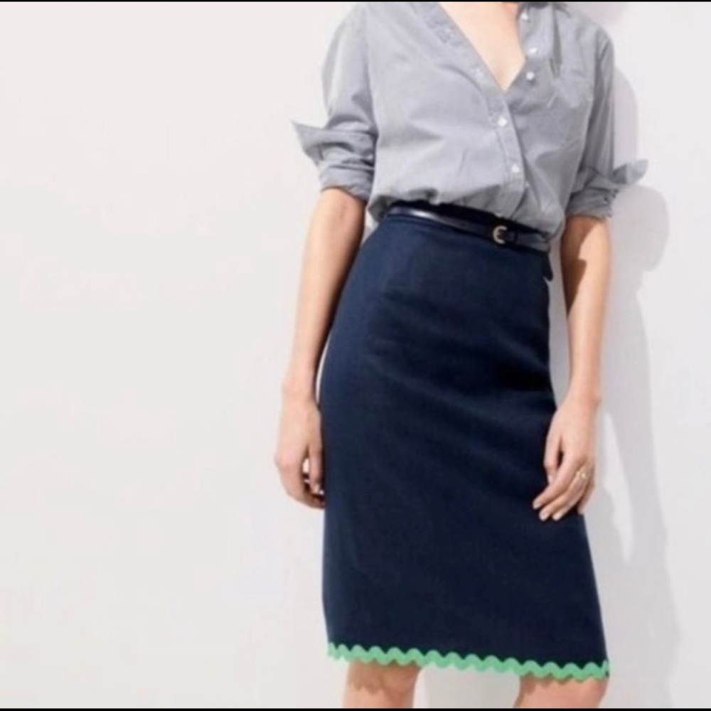 J. CREW navy blue linen knee skirt with green ric rac hem new without tags